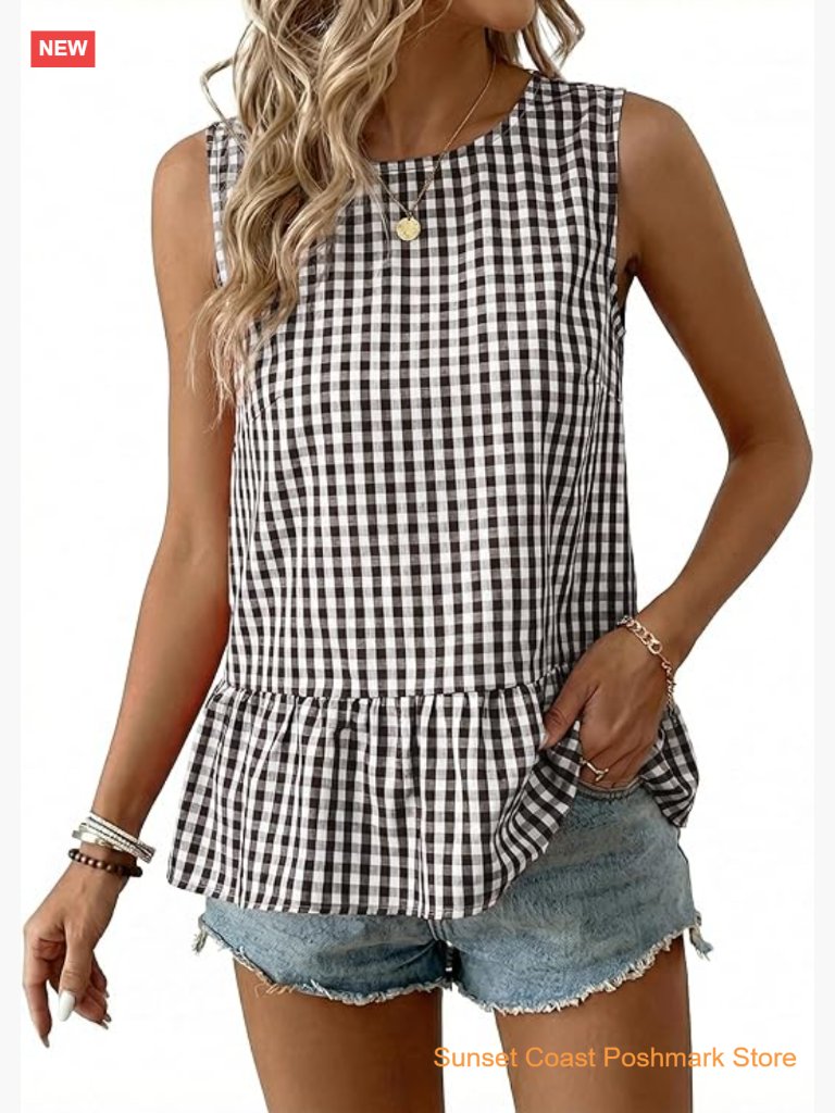 Women Gingham Sleeveless Ruffle Round Neck Peplum Tank Top Business Casual